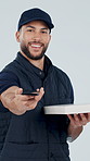 Phone, box and face of deliveryman in studio with confirmation for courier service with online signature. Parcel, portrait and logistics worker with package for code on mobile app by white background