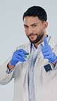 Safety, face and scientist with thumbs up and beaker, chemicals and sniff instructions. Emoji, pharmaceutical and portrait of man with tutorial for liquid, science and lab study on white background