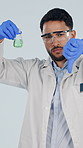 Science, face and man with liquid and thumbs down, disappointed and experiment fail for lab study. Portrait, pharmaceutical and medical scientist with sample, mistake and beaker on white background