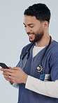 Happy, doctor and reading in studio with phone, research and contact patient for medical results. Man, typing or mobile for communication, agenda update and telehealth information on white background