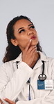 Doctor, decision and woman in studio, thinking and plan for healthcare solution or wellness service. White background, medical professional and person with ideas, problem solving and health questions