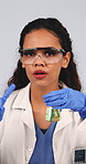 Medical, face or lab technician with liquid in studio for wafting technique, demonstration or safety. Health ppe, woman and smell chemical on white background for how to inhale, research and method