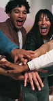 Celebration, people and stack of hands with designer team in office together for motivation. Goals, support and target with excited friends in design workplace for bonus, milestone or victory