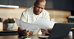 Reading, planning and black man with paperwork for home, travel insurance or accommodation booking. Review, tech or person with check for embassy documentation, country consent form or trip permit
