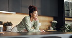 Break, morning and thinking with happy woman in kitchen of home for ideas, inspiration or vision. Daydream, mindfulness and relax with calm person at counter in apartment for planning or reflection