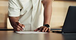 Review, signature or hands with document in home, property transfer agreement or deed of sale contract. Real estate, writing or person with paperwork for ownership, residence purchase or check info