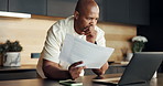 Thinking, laptop and black man with paperwork for home, travel insurance and accommodation booking. Reading, pc and person with embassy documentation for country access, trip consent form and smile