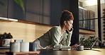 Laptop, woman and remote work in home with phone call, HR support or typing for payroll administration. Person, tech and contact in house with human resources job, compensation policy and discussion.