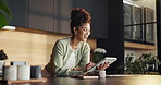 Woman, typing and laugh in home with tablet, funny social media post and text message notification. Happy, person and browsing in morning with tech, reading digital news and website for online meme.