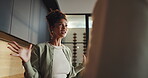 Argument, conflict and unhappy with woman in kitchen of home for disagreement or dispute. Angry, frustration and stress with annoyed couple in apartment for fight, mistake or toxic relationship