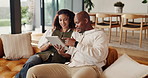 Travel, tablet or couple in house with plan, trip option or holiday selection on booking app. Discussion, tech or African people with connection, vacation itinerary or resort decision on digital site