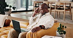 Laptop, thinking and black man with stress in home, remote work challenge and confused with email. Computer, freelancer or person problem solving with doubt, fail or frustrated with difficult project