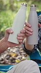 Men, hands and toast with drink for camping, bonding and relax in nature environment to celebrate. Friends, bottle and cheers with beverage on holiday, vacation or trip in woods for travel outdoor