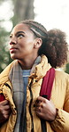 Thinking, hiking and woman in nature for adventure, holiday view and exploration for tourism. Sightseeing, trekking and person in forest for trip, walking and travel with reflection on journey