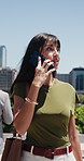 Walking, phone call and business woman in city for real estate listing, sale or negotiation on commute. Mobile, talking and mature realtor outdoor with leasing update, property development or travel