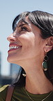 Laughing, opportunity and thinking with business woman outdoor for inspiration or new job. Funny, perspective and reflection with mature person in city for career ambition, mindfulness or vision