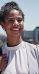 Face, opportunity and smile with business woman outdoor for career ambition or new job. Journey, morning commute and satisfaction with happy person in city for development, growth or possibility