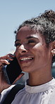 Conversation, phone call and business woman in city for real estate listing, laugh or negotiation. Mobile, smile and realtor outdoor with property development, leasing update or funny joke on commute