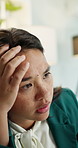 Stress, research and businesswoman in office with doubt for finance report with mistake on investment. Reading, Asian person and financial manager with error for stock market crash in workplace.