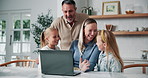 Laptop, smile and family in kitchen for planning holiday, getaway or weekend trip together in home. Conversation, computer and children with parents for booking flights for vacation in house.