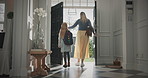 Mother, leaving and child at house with backpack, support and back to school for education. Woman, walking or front door for departure with daughter, morning routine and bonding together for learning