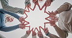 Hand together, smile and star sign with family, gathering and connection for bonding. Low angle, people and huddle at house with shape gesture, solidarity and parental support for weekend break