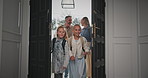 Children, door and happy couple in new home for relocation, family shelter or fresh start together. Kids, siblings or mom and dad moving in with smile or entrance for property, protection or safety