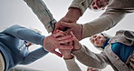 Happy, family and hands together in circle below for unity, trust or mission for social gathering. Parents, grandparents or children piling with stack or smile for love reunion, event or bonding