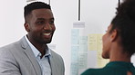 Talking, planning and business people in office with notes for meeting, agenda and budget strategy. Corporate, team and man with woman for discussion, collaboration or feedback for financial proposal
