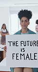 Face, business and women in office with poster, feminism awareness and encourage for female future. Portrait, team and timelapse in workplace with billboard, empowerment and voice for gender equality