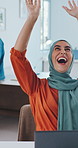 Excited, business and woman in office for cheering, good news and realisation for document mistake. Timelapse, muslim person and celebration with concern, paperwork error and incomplete information