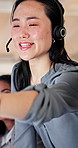 Telemarketing, advice and women with headset in call center, working late or explanation for trainee. Night, consultation and people with tech for lead generation, coworking and helping colleagues
