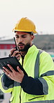 Construction, talking and man with radio and tablet for update, communication and inspection. City, architecture and person on tech and speaking for quality control, compliance report and maintenance