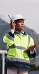 Construction, talking and woman with radio and clipboard for update, communication and inspection. City, architecture and person with feedback for quality control, compliance report and checklist