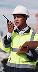 Construction, clipboard and woman with radio in city for update, communication and inspection. Rooftop, architecture and person with feedback for quality control, compliance report and maintenance