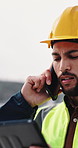 Man, phone call and architect with tablet at construction site with stresss, planning or feedback in city. People, engineer and review on app, solution or confused with talk for property development