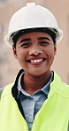 Woman, architect and face with blueprint at construction site for smile, helmet and confidence. Person, technician or engineer in portrait, happy or safety in city for property development in Mexico