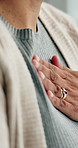 Hands, rub and chest pain in home for illness with virus, flu symptoms or relief for healing in morning. Person, touch and rehabilitation with rest. break and breathing with recovery for wellness