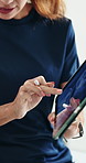 Tablet, consulting and xray with hands of doctor for exam, radiology review and bone fracture treatment. Medical appointment, discussing and scan with woman in clinic for anatomy, feedback and advice