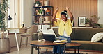 Laptop, woman and dance in office with headphones, favorite music or research for copywriting project. Black person, audio tech and computer with radio song, creative job and embarrassed by rhythm.