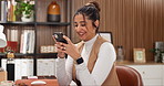 Freelancer, texting and woman with phone in home office, public relations or scroll on social media. Publicist, laughing and reading funny message on website, remote work and happy person with mobile