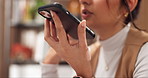 Remote work, hand or woman on speaker phone to contact caterer, menu update or voice memo in home. WFH, freelance event planner or audio message for vendor follow up, supplier feedback or negotiation
