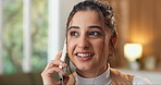 Smile, woman and remote work at house with phone call, discussion or contact client for accounting. Happy, female person and freelancer in lounge with mobile, conversation and feedback for investment