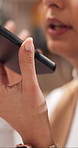 Hand, phone and voice note in home with woman for social media, talent agent or communication. Freelancer, influencer marketing and person with tech for client, conversation or ad campaign in house