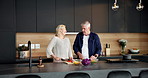 Discussion, home and old couple with vegetables, cooking and cutting with tablet, recipe and knife. Support, talking or senior people in kitchen, skills and ingredients with meal prep, health or food