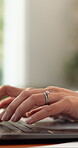 Hands, woman and freelancer at house with laptop, research and email for accounting. Person, typing or remote work in lounge with tech, financial report and investment information for risk assessment