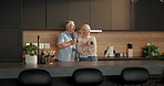 Coffee break, smile and old couple in home for morning, conversation or bonding together in kitchen. Love, retirement and elderly man with woman for discussion with drink, relax and chat in apartment