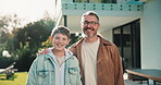 Face, happy and dad with child in backyard for bonding, relationship and excited for new house. Garden, laugh and portrait of man with boy, smile and trust for support, love and connection outdoor
