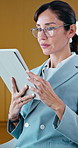 Tablet, reading and business woman in office for planning, client accounting and account broker. Glasses, networking and consultant with person and tech for contact, research or budget proposal