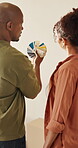 Back, renovation and swatch with couple in new house together for mortgage investment. Color palette, property and real estate with happy people in apartment for diy project or home improvement